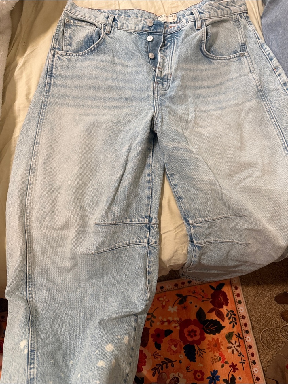 We The Free Light Blue Button-Fly Jeans with Paint-Speck Detail